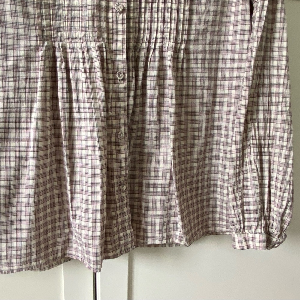 Uniqlo 100% Cotton Classic Beige Plaid Button-Up Shirt with Mauve & Navy Stripes - Picture 4 of 12